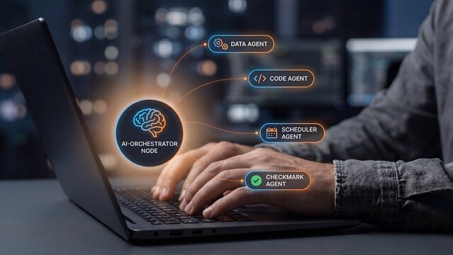 Hands typing on laptop with glowing AI orchestrator brain node connected to data code scheduler agents showing artificial intelligence multi agent automation machine learning workflow and software
