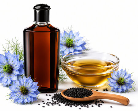 Black Seed Oil Bottle With Flowers And Bowl
