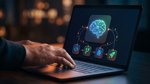 Hand using laptop with glowing AI brain code branch bug and rocket icons showing artificial intelligence software development programming devops automation machine learning and coding workflow
