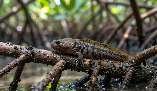A close-up shot of a mudskipper fish resting on a wet mangrove root in its natural swamp habitat.
