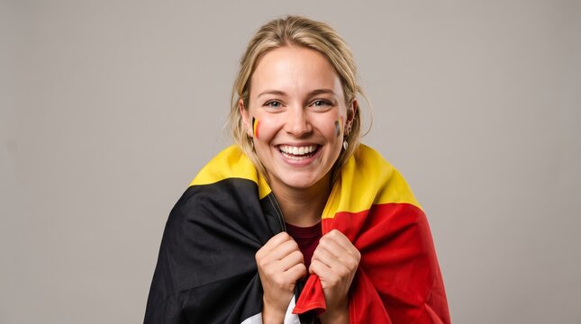 Smiling young woman wrapped in Belgian flag with face paint