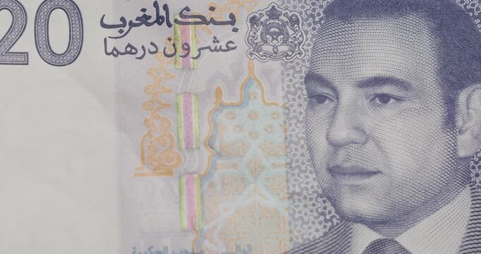 Twenty Moroccan dirham banknote featuring the portrait of King Mohammed VI, representing the country's official currency, national wealth, financial transactions and economic stability