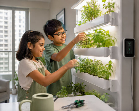 Children Growing Herbs With Smart Indoor Garden