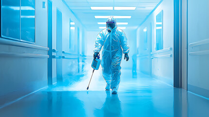 Fototapeta premium A medical professional walks down a hospital corridor wearing protective gear.