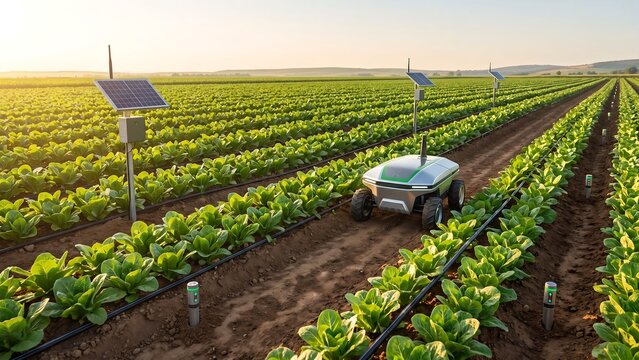 Autonomous agricultural robot driving through lettuce field with solar sensors and drip irrigation at sunset showing smart farming precision agriculture automation and innovative agritech technology