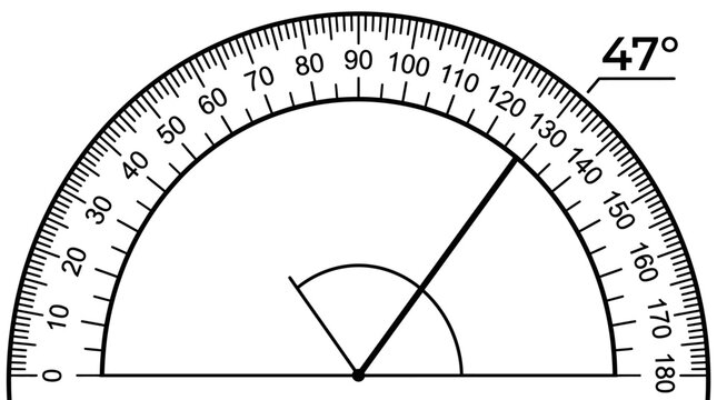 Protractor measuring 47 degree angle, geometry tool, education, science, math concept
