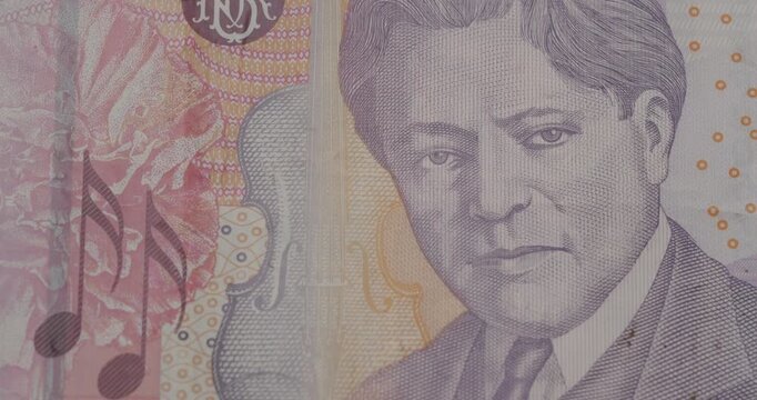 Extreme close up of the romanian five lei banknote, featuring the portrait of composer George Enescu, revealing intricate details of the currency design, security features and textures
