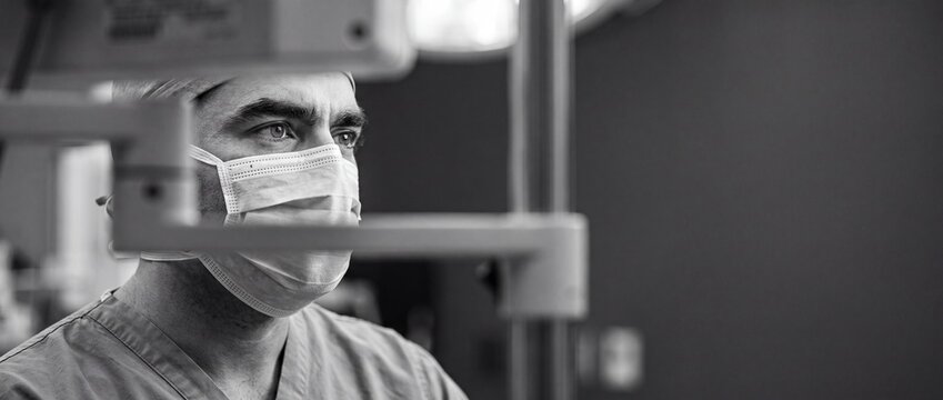 Surgeon doctor wearing surgical mask looking focused in surgery room. Male healthcare professional in scrubs working in clinical hospital environment. Cinematic black and white medical portrait.