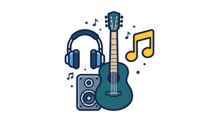 Fototapeta premium Acoustic guitar, headphones, speaker, and musical notes illustration on white background