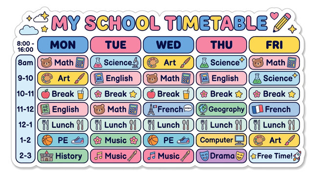 My School Timetable: Fun, Colorful Weekly Schedule for Kids with Subjects and Activities