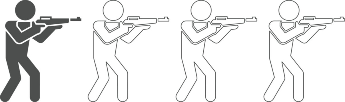 Stick figure men aiming guns in different shades of gray on transparent background for illustration and design use