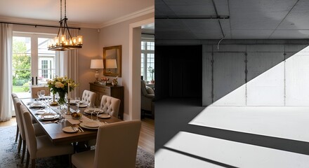Fototapeta premium Elegant Dining Room & Modern Concrete Space: Interior Design Contrast