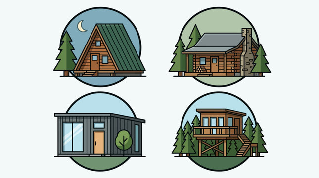 Diverse Cabin Styles: A-frame, Log, Modern, Treehouse - Nature Retreat Icons