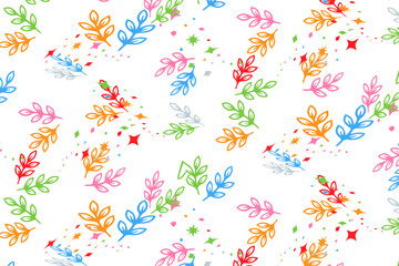 Fototapeta premium Colorful hand drawn leaf pattern, vibrant botanical branch background, whimsical floral vector illustration for gift wrap and textile design