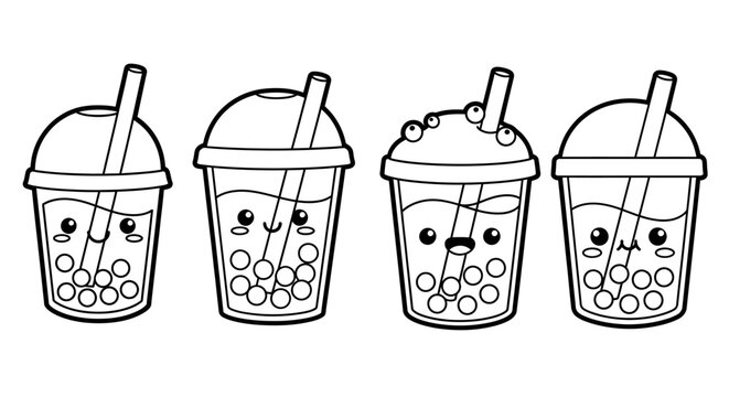 Cute Kawaii Boba Tea Cups with Happy Faces and Straws - Vector Illustration