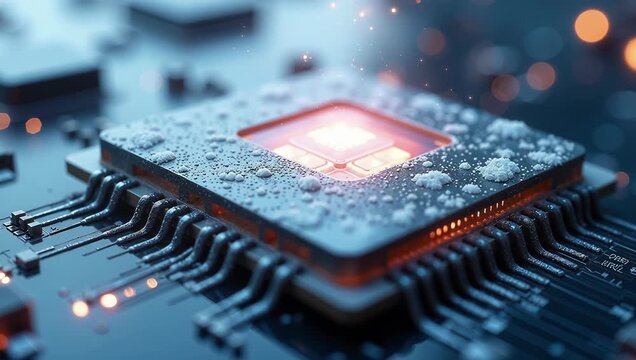 Glowing Microchip on a Circuit Board Surrounded by Particles