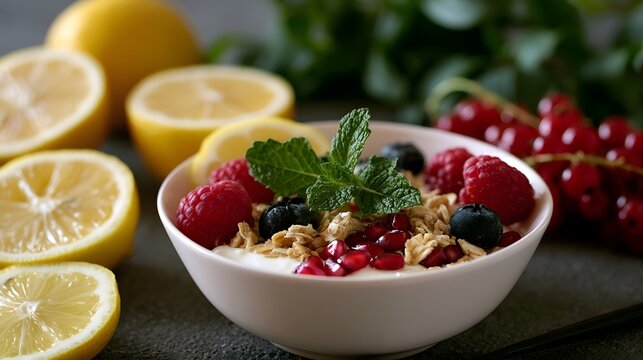 A close up view of inviting superfood breakfast featuring freshly sliced lemons evoking feelings of warmth and comfort