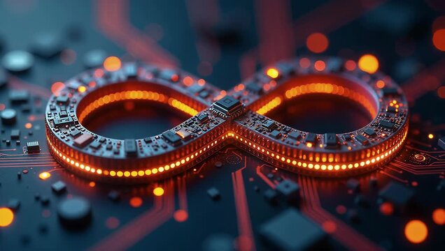 Futuristic Infinity Loop Circuit Board with Glowing Elements