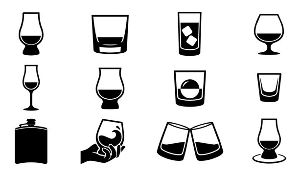 Whisky and Bourbon Glass Silhouette Icon Set with Tasting Glasses and Drinking Accessories