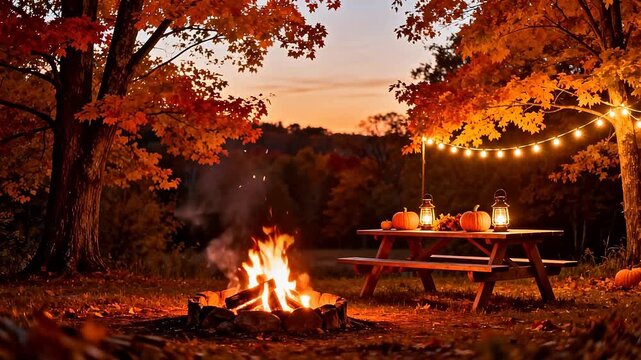 Autumn outdoor fire and picnic setup