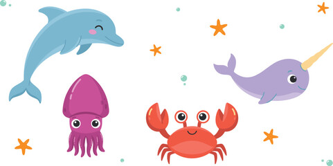 Cute Marine Sea Life Character Set Featuring Cartoon Dolphin, Narwhal, Squid, Crab, Starfish, and Water Bubble Icons for Kids Graphic Designs © Rownok