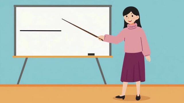 Friendly Teacher Giving Classroom Lesson with Pointer and Blank Whiteboard for Education Presentation