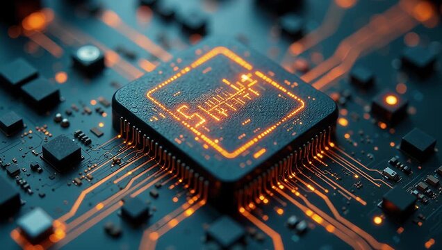Vibrant Circuit Board Animation with Glowing Microchip Details