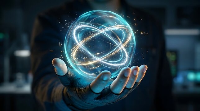 Human hand holding glowing blue energy sphere with rotating rings of light particles floating inside palm of dark gloved.
