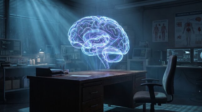 Holographic glowing brain projection floating above desk in futuristic dark medical lab