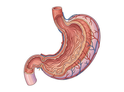 Detailed Anatomical Cross Section of a Human Stomach Internal Layers