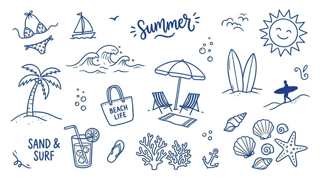 Set of handdrawn summer beach elements isolated on transparent background