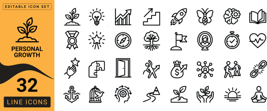Personal development growth icon set 32 line icons for business wellness