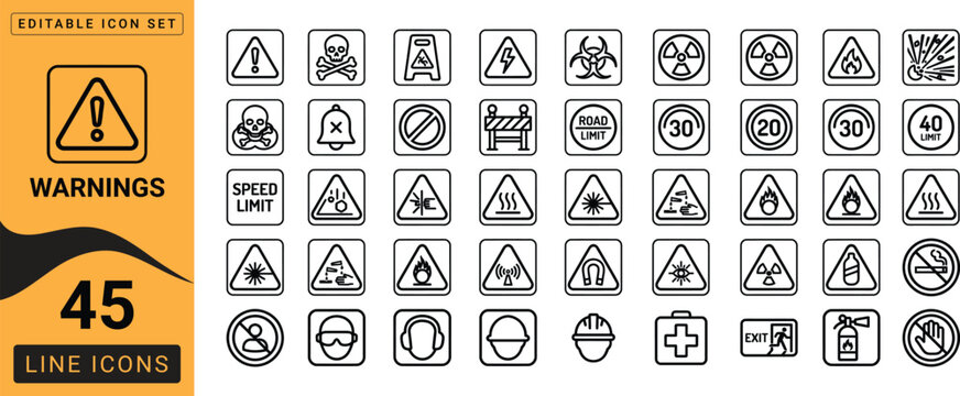 45 black line warning icons set safety hazard and regulatory signs