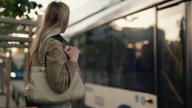 Beautiful young blonde woman with a handbag standing at a bus stop, waiting for public transportation as a bus passes by and cars drive in the background during a warm, golden hour sunset