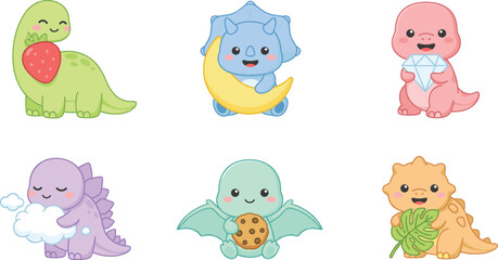 Cute Baby Dinosaur Character Set featuring Cartoon Brontosaurus, Triceratops, Stegosaurus, and Pterodactyl Icons holding Objects for Kids Graphic Designs © Rownok