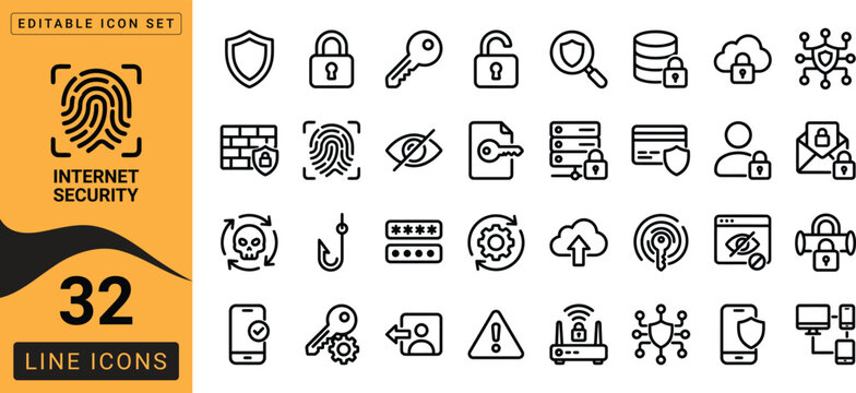 Cybersecurity icon set 32 line icons for digital protection and data privacy