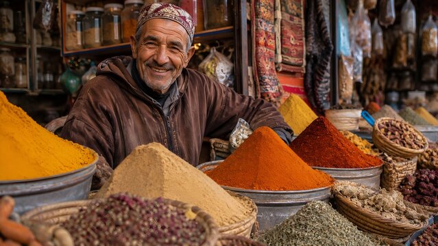 Smiling traditional market merchant sitting behind colorful pyramids of aromatic spices in a local street souk bazaar