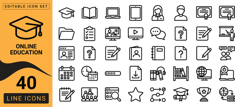 Online education icon set 40 line icons for e learning and digital courses