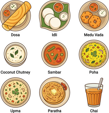 Indian breakfast food set with dosa idli sambar poha upma and chai illustration