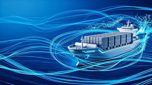Modern container cargo ship with digital wave effects