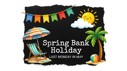 Spring bank holiday illustration with beach elements, sun, palm tree, deck chair, and colorful bunting on a black background isolated on transparent background