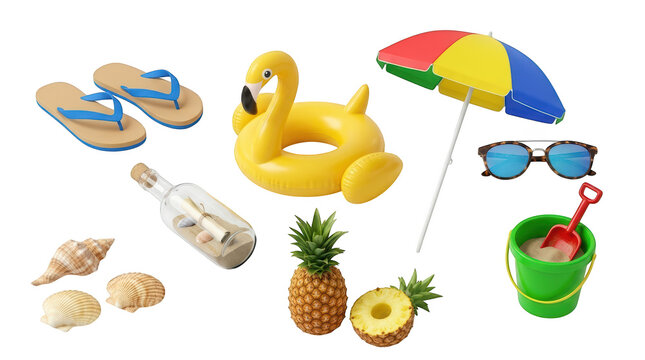 Summer beach vacation accessories isolated on transparent background