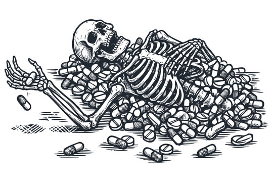 Vintage vector engraving of a skeleton lying in a massive pile of medical pills and capsules, representing drug overdose, addiction, and lethal danger.