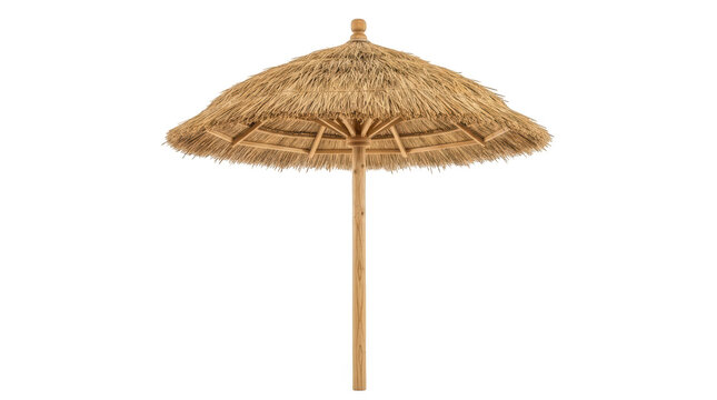 A rustic tropical beach umbrella with a natural thatch roof and wooden pole isolated on transparent background