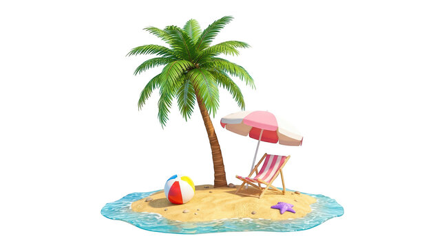 3d illustration of a small tropical island with a palm tree, beach chair, umbrella, beach ball, and starfish, isolated on transparent background