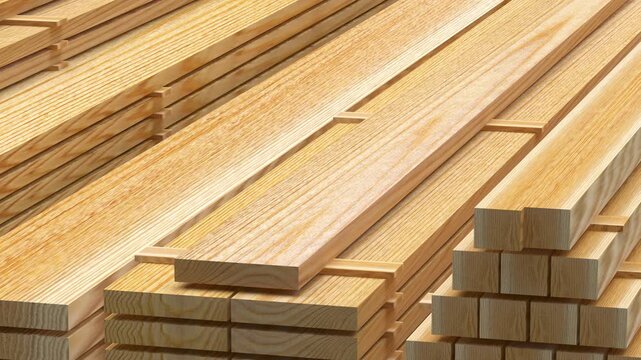 Stacks of wooden lumber boards and timber planks arranged in bundles on a white background, shown in a slow moving close-up 3D render, 3D animation