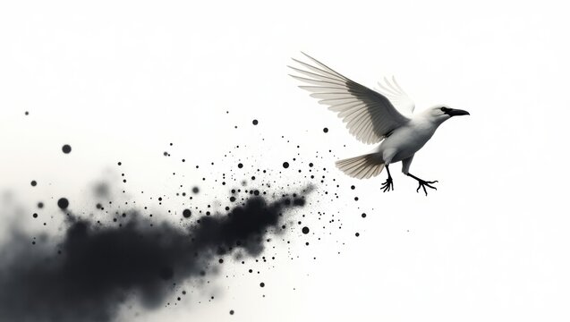 Flying White Bird Releasing Black Dust Against Bright Sky Background