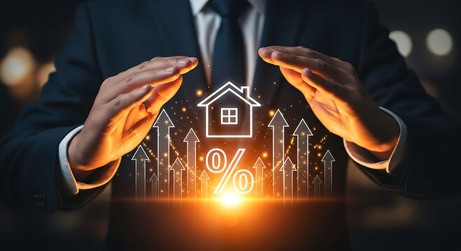 Businessman hands protecting house and rising interest rates icon in real estate