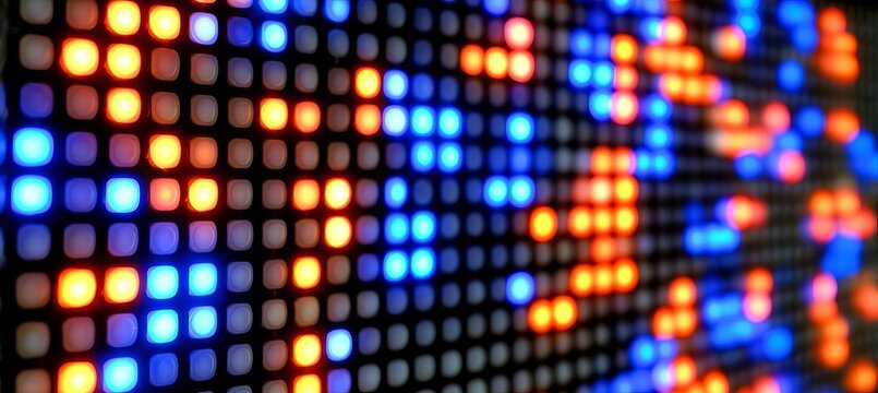 Abstract Background Featuring A Pixelated Grid Displaying Dynamic Glowing Blue And Orange Led Lights