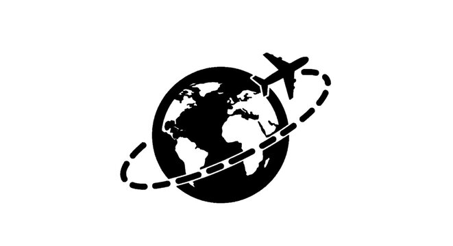 Minimal black silhouette icon, simple flat vector, bold black shape, no gradients, no shading airplane flying around the globe icon on a, flat icon style